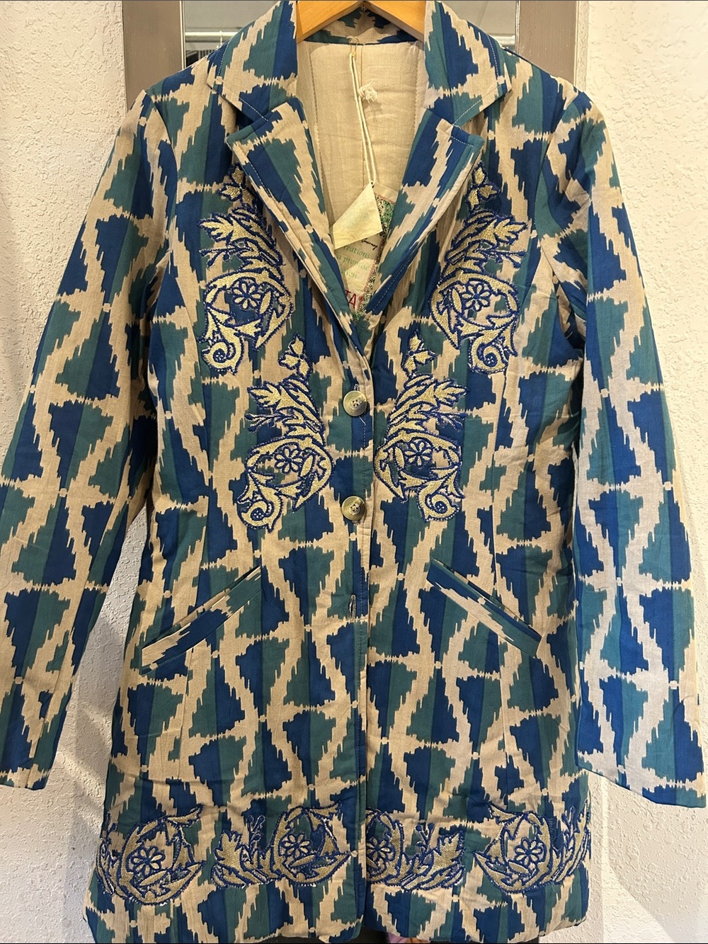 Embroidered Teal & Cream Trench Coat